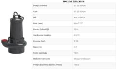 Sumak, SDTV75/3, 7.5Hp, 380V,  Vortex Çarklı Atık Su Dalgıç Pompa