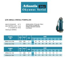 Atlantis Blu DRNA 18-1.1M  1.5Hp 220V Alüminyum Gövdeli Keson Kuyu Çok Amaçlı Drenaj Dalgıç Pompa / Alüminyum Sargılı / Okyanus Serisi