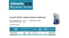 Atlantis QSB-JH-400  400W 220V Plastik Gövdeli Temiz Su Drenaj Dalgıç Pompa / Alüminyum Sargılı - Flatörlü / Okyanus Serisi