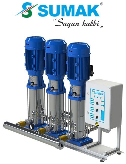 SUMAK, SHTP8 C 300/10, 3 X 3 HP, 380V, ÜÇ POMPALI, DÜŞEY MİLLİ, KADEMELİ, PANOLU, KOMPLE PASLANMAZ HİDROFORLAR
