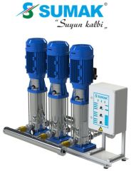 SUMAK, SHTP8 C 300/10, 3 X 3 HP, 380V, ÜÇ POMPALI, DÜŞEY MİLLİ, KADEMELİ, PANOLU, KOMPLE PASLANMAZ HİDROFORLAR